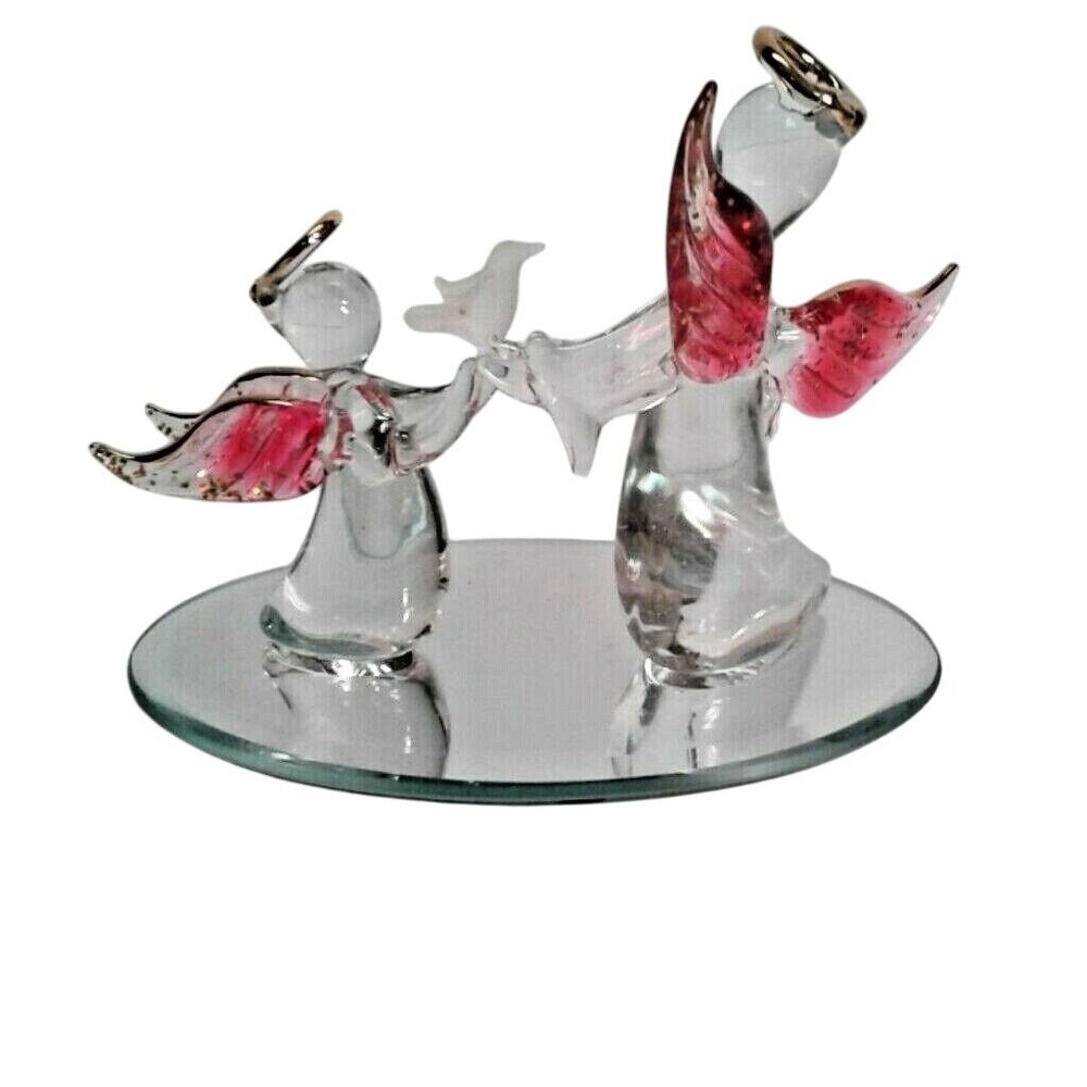 Hand Blown Glass Mother Child Angels Bird Mirror Base 22kt Gold Trim